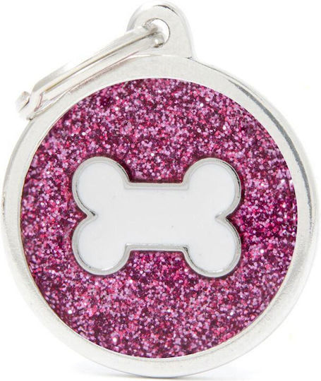 My Family Shine Big Circle Pink Glitter White Bone Ταυτότητα Σκύλου Κόκκαλο Ροζ