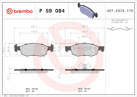 Brembo Front Brake Pads Set Opel Corsa E 1.0-1.4lpg 09.14 Height 53.0mm Width 155.0mm Thickness 17.0mm Wear Sensor Yes