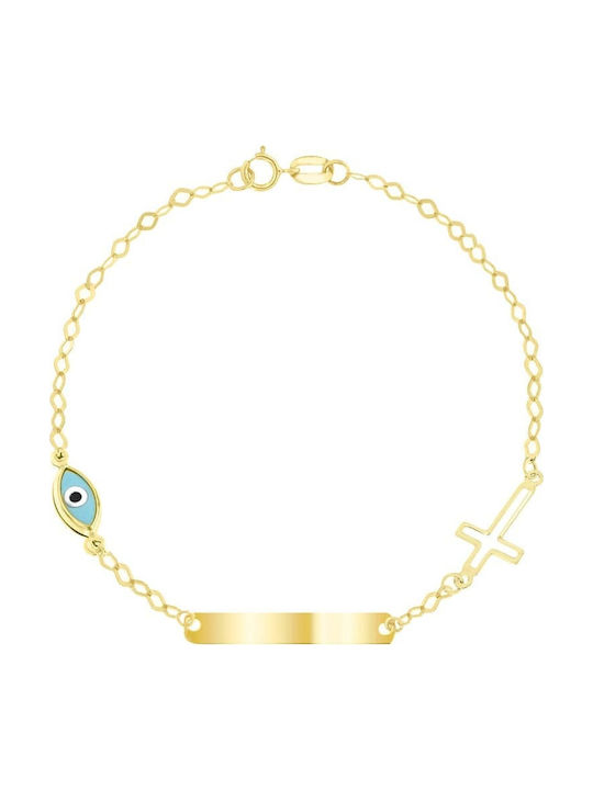 Eforo Kinderarmband ID aus Gold 9K mit Σταυρό & Böses Auge