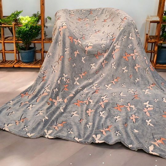 Κουβέρτα Fleece Φωσφορίζουσα Πεταλούδες Γκρι 150x200εκ.