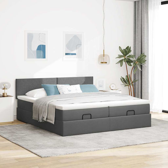vidaXL King Size Fabric Upholstered Bed Dark Grey with Slats and Mattress 180x200cm 3311974