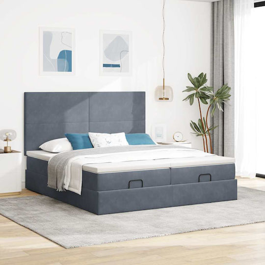 King Size Upholstered Fabric Bed Dark Grey with Slats and Mattress 200x200cm