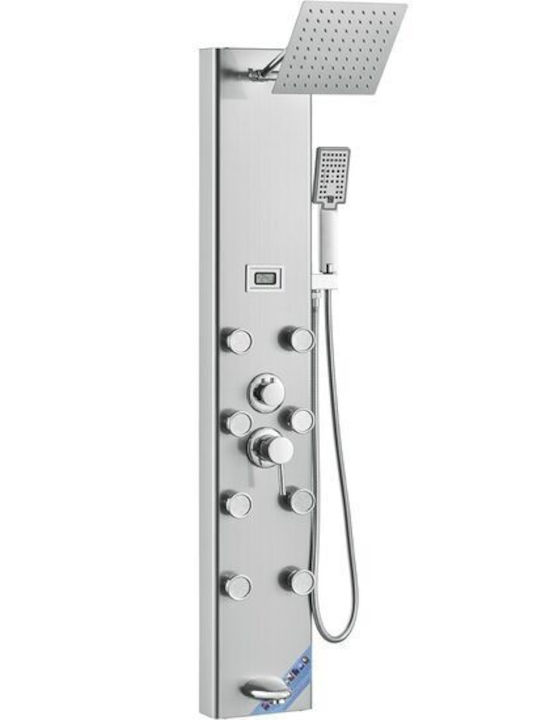 Shower Column Hydro Massage Silver Stainless Steel 5 in 1 Display LED Light 1340 × 200 × 430 mm 8 x Body Massage Jets