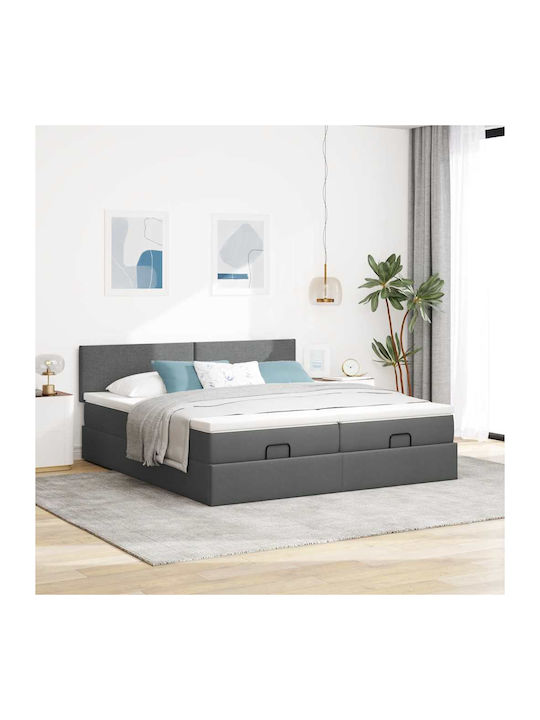 Double Bed Upholstered with Fabric Dark Grey wi...