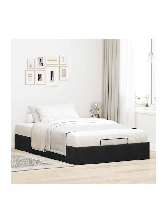 Half Double Bed Base Upholstered with Black Fabric with Storage Space & Slats for Mattress 120x190cm