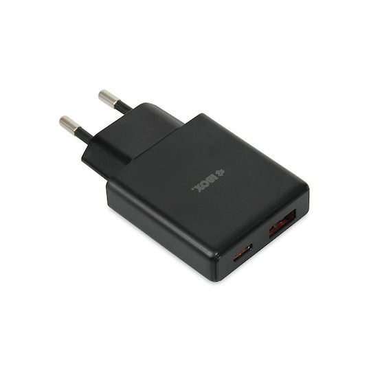 iBox Ladegerät ohne Kabel GaN mit USB-A Anschluss und USB-C Anschluss 30W Stromlieferung / Schnellaufladung 3.0 Schwarzs (C-43)