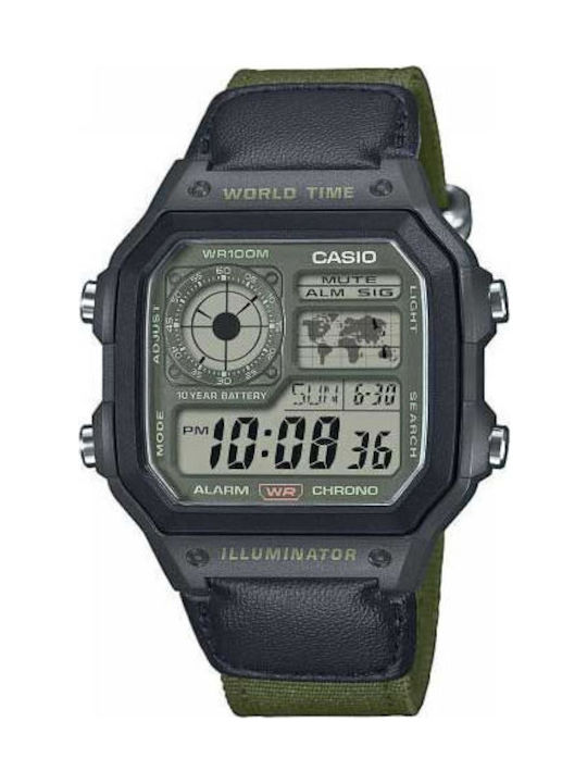 Casio Collection Digital Men's Watch Chronograph Battery with Green Fabric Strap