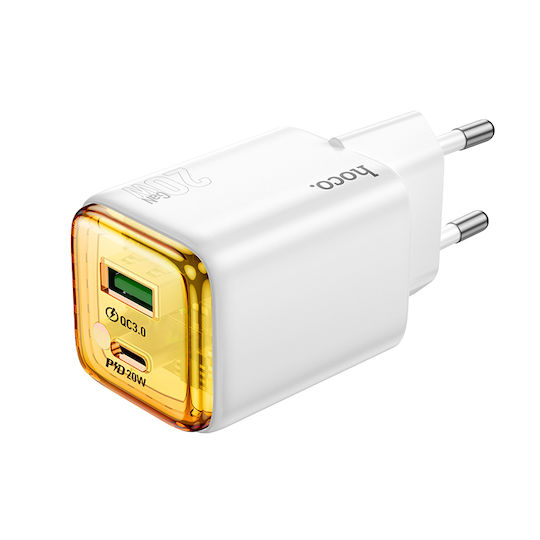 Hoco Încărcător Fără Cablu GaN cu Port USB-A și Port USB-C 20W Livrarea energiei / Quick Charge 3.0 Albς (N52)