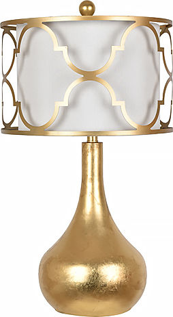 Calandra Metall Tischlampe LED mit Weiß Schirm und Gold Basis