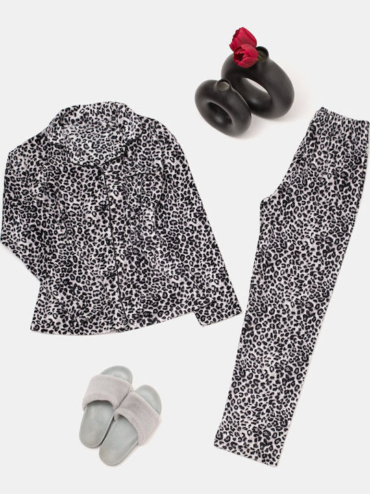 Velours-Pyjama-Set mit Tiermuster Grau Grau