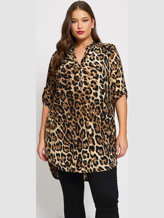 Women's Blouse Long Sleeve with V Neckline Animal Print Ecru