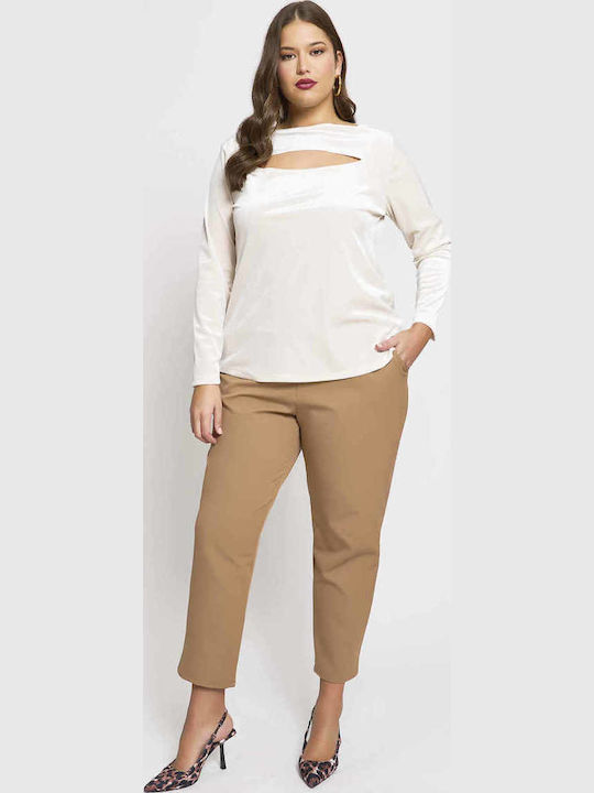 Women's Fabric Trousers with Rubber Band in Carrot Fit Beige