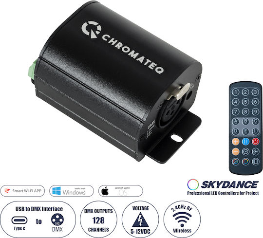Globostar 71579 Chromateq Skydance DC USB to DMX Dimmer High Speed Controller Decoder 128 Channels DC 5-12V 0.1A 0.5W IP40 M7.8 x W5 x H3.8cm 5 Years Warranty