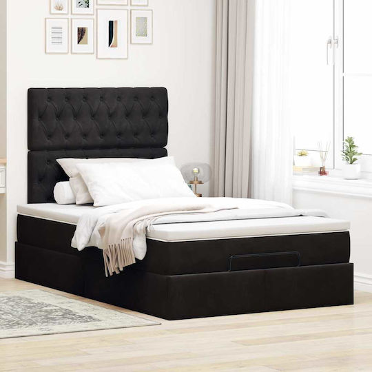 Semi-Double Bed Upholstered with Black Fabric with Storage Space Slats & Mattress 120x190cm