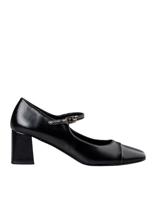 Envie Shoes Μυτερές Γόβες με Λουράκι & Χοντρό Μεσαίο Τακούνι Μαύρες