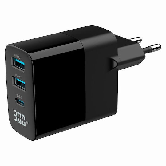 Gembird Charger Without Cable GaN with 2 USB-A Ports and USB-C Port 30W Power Delivery / Quick Charge 3.0 Blacks (TA-UC-PDQC30LCD-BK-02)