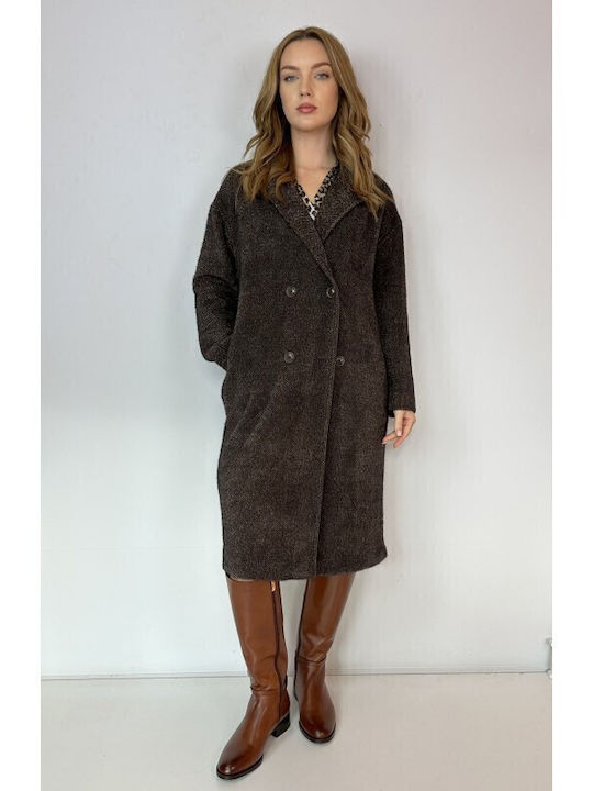 Women's Brown Peacoat with Buttons