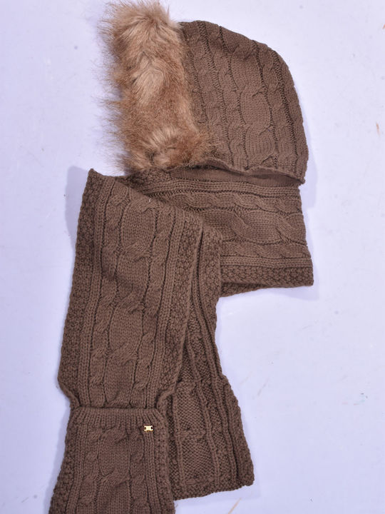 Kids Beanie Set with Scarf Knitted Brown