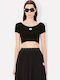 Women's Blouses Boke Flower 2.0 Cotton Short Sleeve Floral Black Crop Top