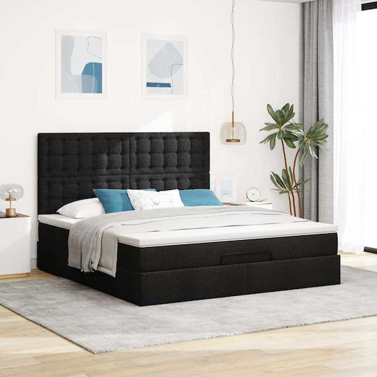 Double Bed Upholstered with Fabric Black with Slats & Mattress 160x200cm 3313336