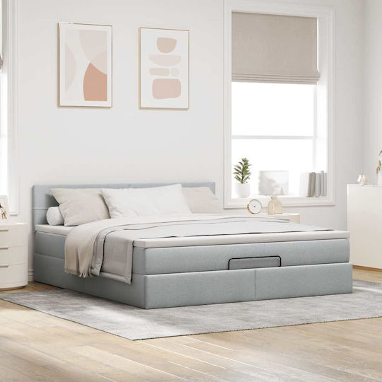 Upholstered Double Bed with Light Gray Fabric with Slats & Mattress 160x200cm