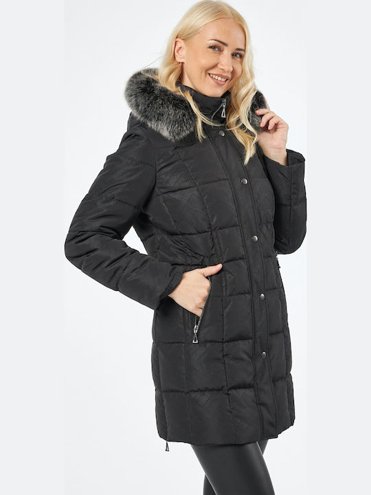 Microcoat Μακρύ Γυναικείο Puffer Μπουφάν με Γούνινη Κουκούλα για