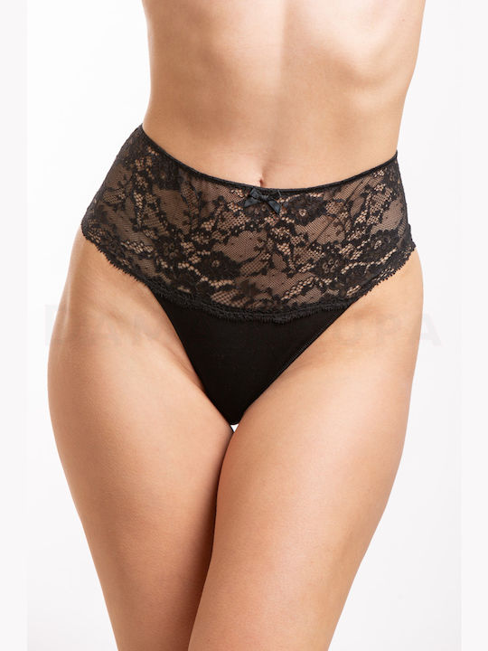 High-waisted Women's String Seamless with Lace Black