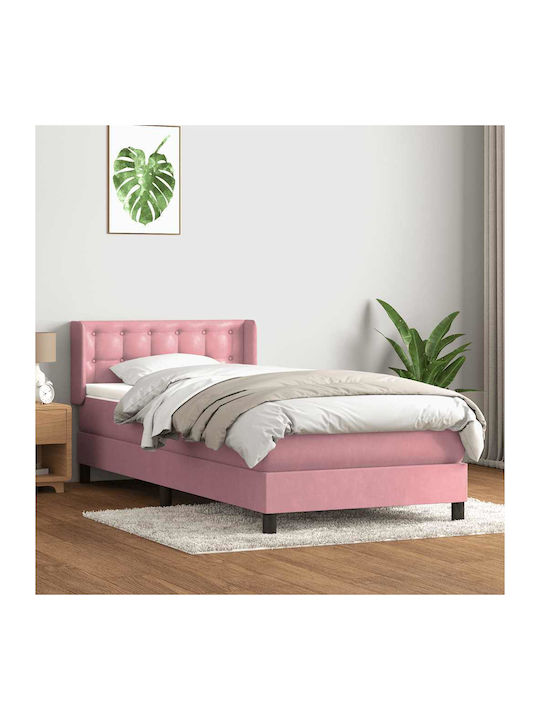 Pat Single Tapițat cu Material Textil Roz cu Plăci și Saltea 90x220cm