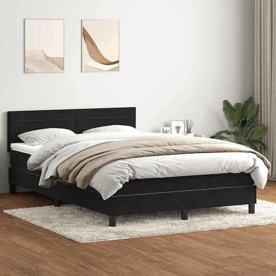 Boxspring Κρεβάτι Υπέρδιπλο Επενδυμένο με Ύφασμα Μαύρο με Τάβλες & Στρώμα 160x210cm