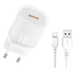 XO Зарядно с USB-A порт и кабел USB-C 18W Бързо...