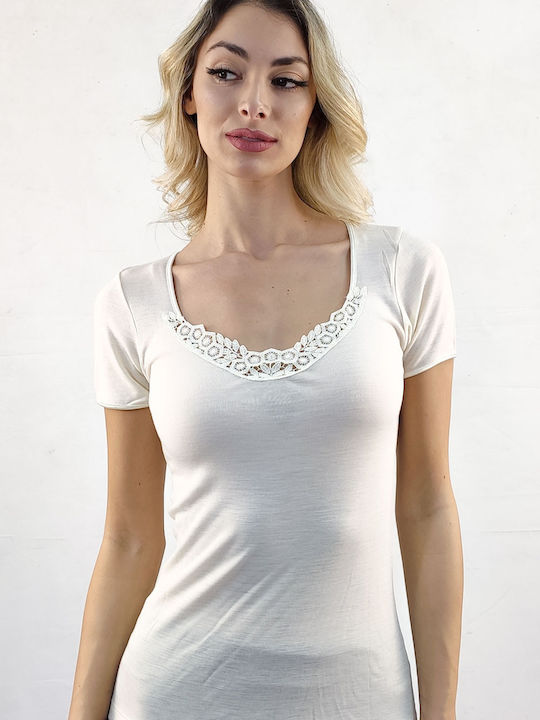 Women's Short Sleeve Woolen T-Shirt Ecru