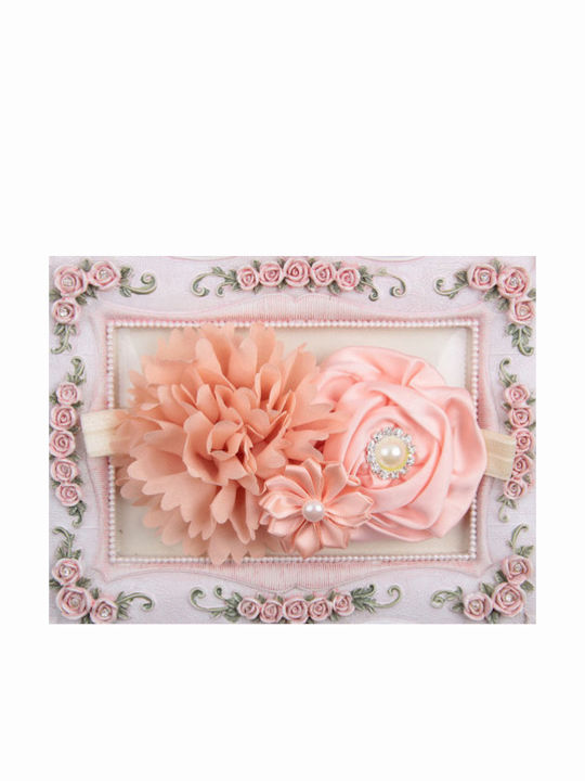 Official Impressive Elastic Headband Triple Flower Adorned with Shiny Pearls Diamonds Peach
