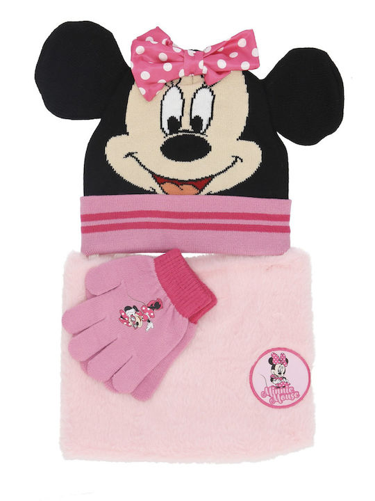 Minnie Mouse Kinder Mütze Set mit Handschuhe Gestrickt Rosa 3Stück