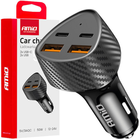 AMiO Car Charger 50W Fast Charging with Ports: 2xUSB 2xType-C Black Color