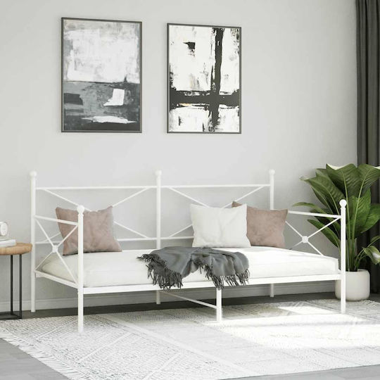 Pat Semi-dublu Metalic Alb Cu Plăci Pentru Saltea 107x203cm