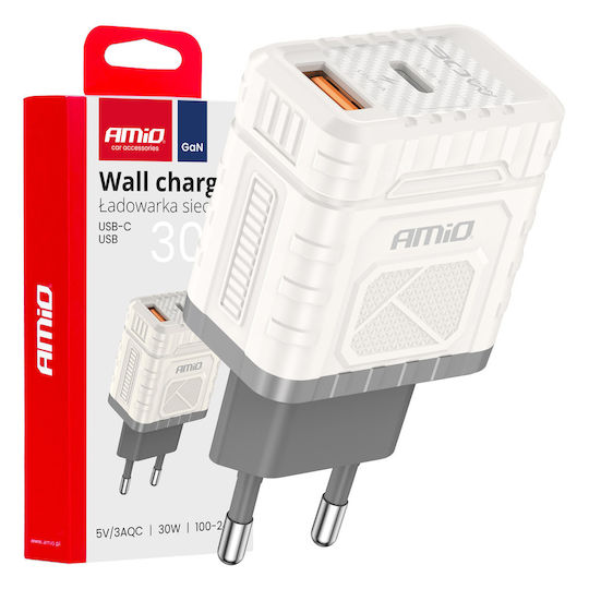 AMiO Încărcător Fără Cablu GaN cu Port USB-A și Port USB-C 30W Livrarea energiei / Quick Charge 3.0 Albς (04286)