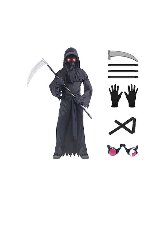 Sensenmann Kostüm Für Kinder – Komplettes Set Mit Sense, Kapuze, Brille & Krähe, Für Halloween & Karneval