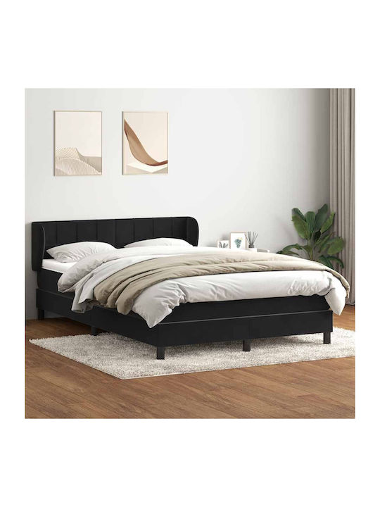 Pat Dublu Tapițat cu Material Textil Negru cu P...