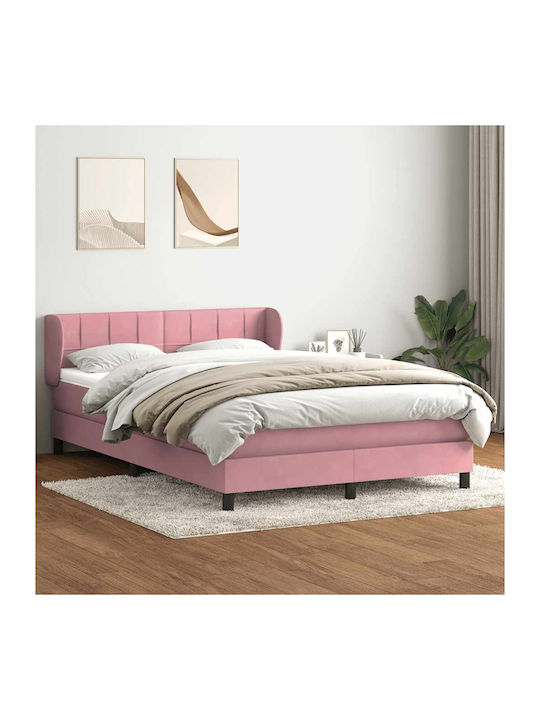 Pat Dublu Tapitat Cu Material Textil Roz Cu Plă...