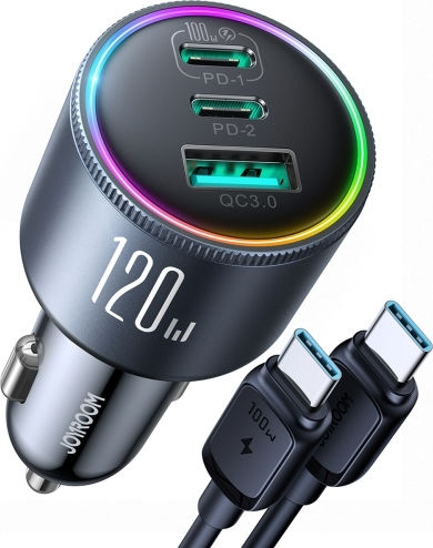 Joyroom Jr-ccn07 120w Dual Pd+qc3.0 Φορτιστής Αυτοκινήτου 3 Θυρών Σκούρο Γκρι