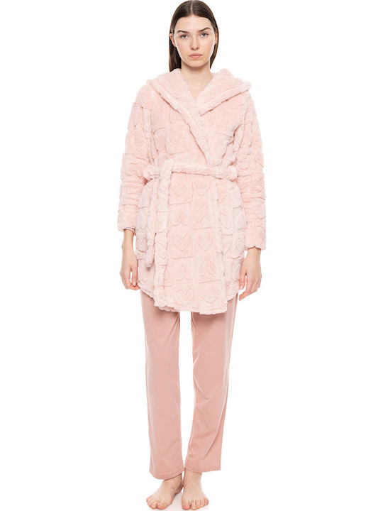 Pink Label Χειμερινή Γυναικεία Fleece Ρόμπα Pink