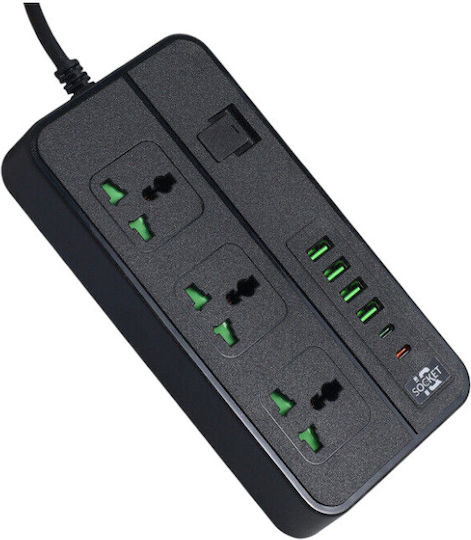 Πολύπριζο 3 Θέσεων με 4 USB-A, USB-C και Διακόπτη Πολύχρωμο Αγγλίας (Type G)