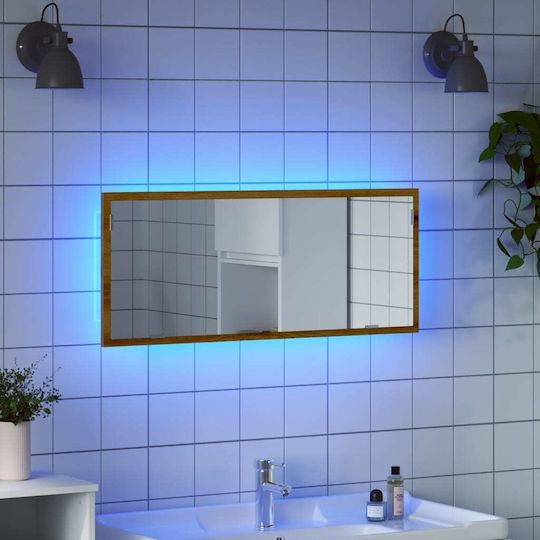 vidaXL Банско Огледало LED с Дължина 100см Кафяв