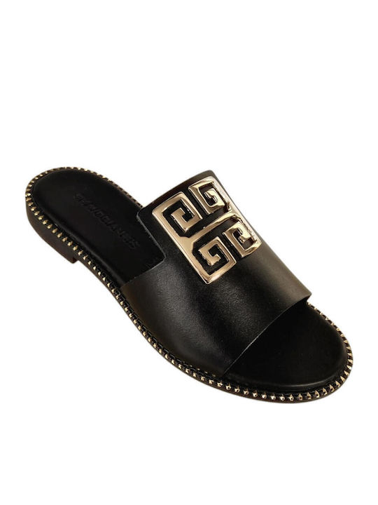 Leather Women's Flat Sandals in Black Color