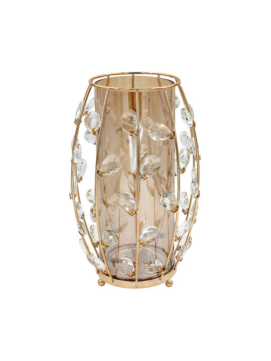 Metal Vase Φ20x32 cm Gold Crystals Amber Glass Keskor 43070