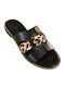 Leather Women's Flat Sandals in Black Color