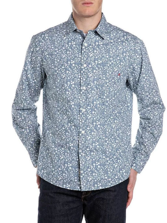 Replay Cotton Shirt Regular Fit White-Blue