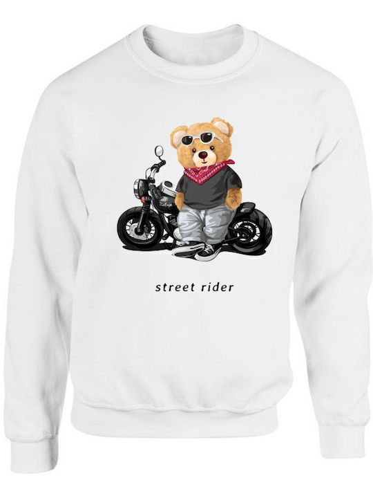 Мъжка памучна блуза "Bear Street Rider" дебел суитшърт с обло деколте бяла