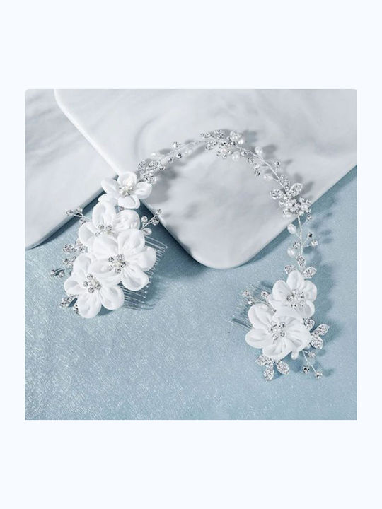 Bridal Hair Decoration Satin Flowers Pearls Crystals Calandra Total Length 31 Cm Large Comb Flowers Size 9 X 5.5 Cm Smaller Comb Flowers Size 5 X 4.5 Cm