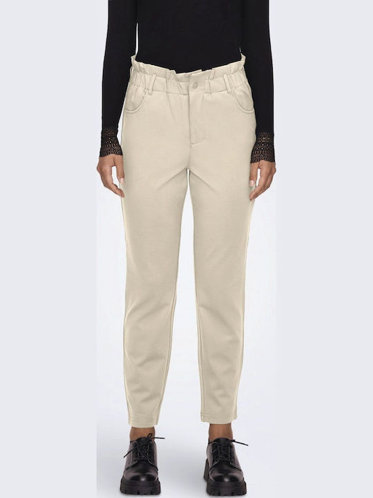 Damen Hoch tailliert Stoff Hose mit Gummizug in Karotten Passform Ecru